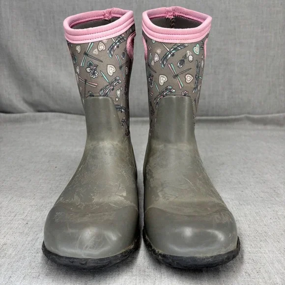 Bogs Boots Grey Pink Dragonfly Rain Boots Waterproof insulated Youth Size 6 - Picture 3 of 10